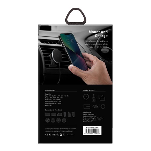 EnergEA Автодержатель-беспроводное ЗУ MagDrive 15W Cup holder/Air Gunmetal Black
