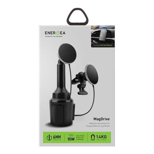EnergEA Автодержатель-беспроводное ЗУ MagDrive 15W Cup holder/Air Gunmetal Black