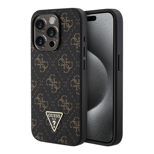 Guess для iPhone 15 Pro чехол PU 4G Gold pattern Triangle metal logo Hard Black
