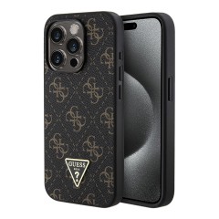 Guess для iPhone 15 Pro чехол PU 4G Gold pattern Triangle metal logo Hard Black