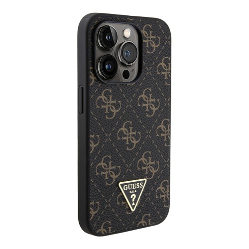 Guess для iPhone 15 Pro чехол PU 4G Gold pattern Triangle metal logo Hard Black