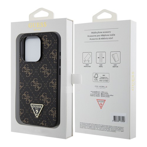 Guess для iPhone 15 Pro чехол PU 4G Gold pattern Triangle metal logo Hard Black