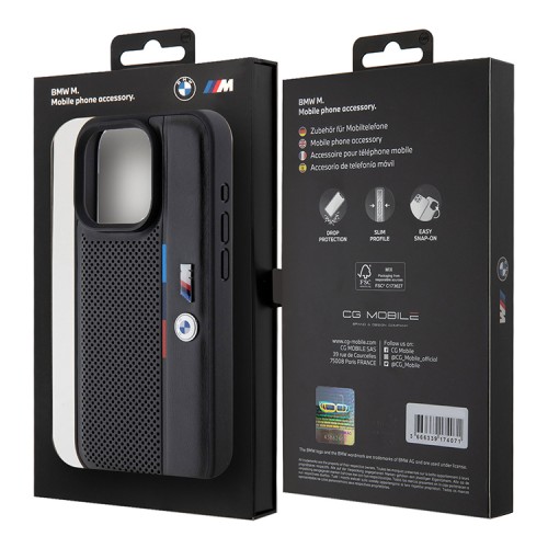 BMW для iPhone 15 Pro чехол PU Perforated Tricolor stripes Metal logo Hard Black