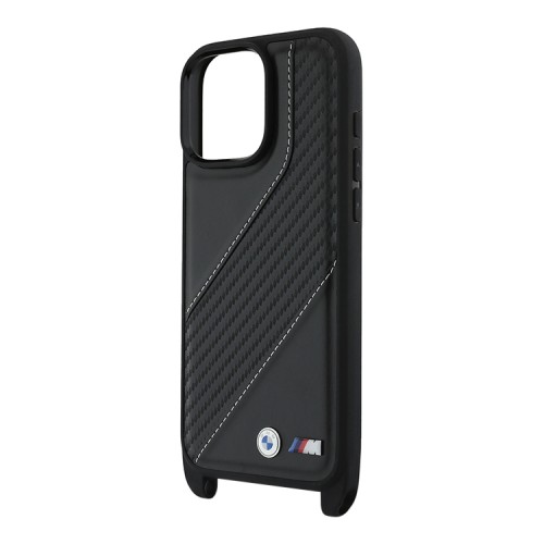 BMW для iPhone 16 Pro Max чехол Crossbody PU Carbon stripe Metal logo + Strap Hard Black
