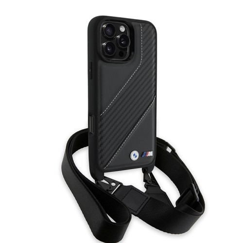 BMW для iPhone 16 Pro Max чехол Crossbody PU Carbon stripe Metal logo + Strap Hard Black