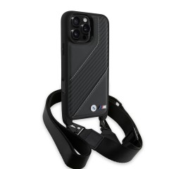 BMW для iPhone 16 Pro Max чехол Crossbody PU Carbon stripe Metal logo + Strap Hard Black