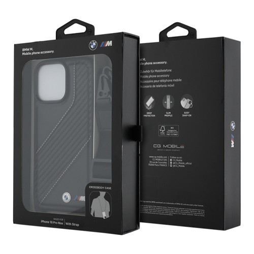 BMW для iPhone 16 Pro Max чехол Crossbody PU Carbon stripe Metal logo + Strap Hard Black