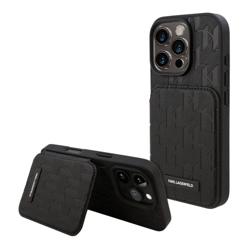 Karl Lagerfeld для iPhone 16 Pro Max чехол Cardslot Stand PU Saffiano Monogram Plate logo Hard Black
