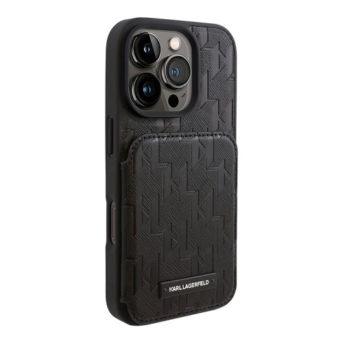 Karl Lagerfeld для iPhone 16 Pro Max чехол Cardslot Stand PU Saffiano Monogram Plate logo Hard Black