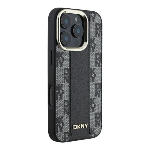 DKNY для iPhone 16 Pro чехол PU Checkered Metal logo Hard Black (MagSafe)