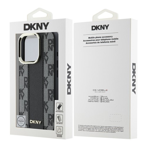 DKNY для iPhone 16 Pro чехол PU Checkered Metal logo Hard Black (MagSafe)