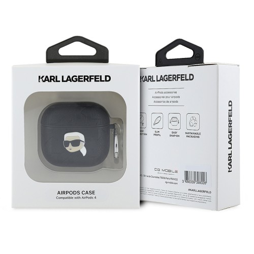 Karl Lagerfeld для Airpods 4 чехол PU Saffiano Monogram with ring NFT Metal Head Karl Black