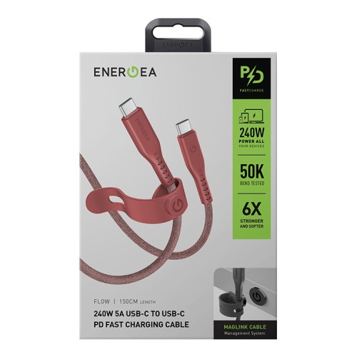 Energea Кабель FLOW USB-C to USB-C PD240W 5A Nanoweave Magnetic tie Red 1.5m