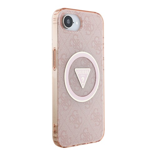 Guess для iPhone 16e чехол PC/TPU 4G Glitter Triangle logo Pink (MagSafe)