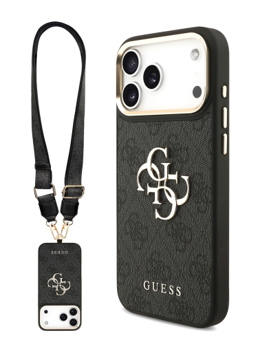Guess для iPhone 17 Pro чехол Crossbody PU 4G Big metal logo Gold camera Hard + Strap Black