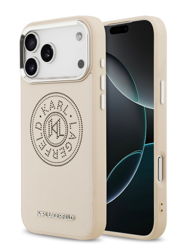 Karl Lagerfeld для iPhone 17 Pro Max чехол PU Perforated Round logo Metal camera Hard Beige (MagSafe)