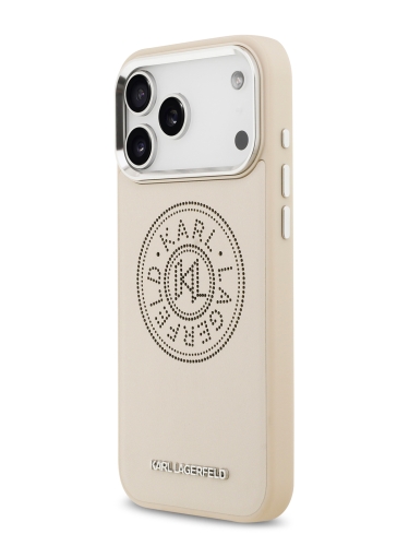 Karl Lagerfeld для iPhone 17 Pro Max чехол PU Perforated Round logo Metal camera Hard Beige (MagSafe)