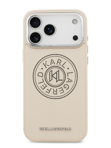 Karl Lagerfeld для iPhone 17 Pro Max чехол PU Perforated Round logo Metal camera Hard Beige (MagSafe)