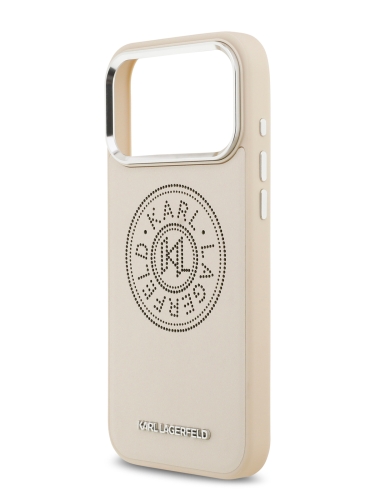 Karl Lagerfeld для iPhone 17 Pro Max чехол PU Perforated Round logo Metal camera Hard Beige (MagSafe)