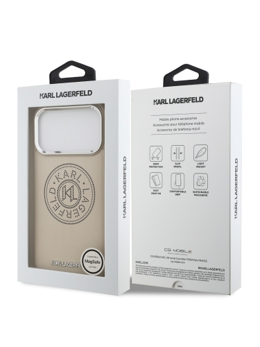 Karl Lagerfeld для iPhone 17 Pro Max чехол PU Perforated Round logo Metal camera Hard Beige (MagSafe)
