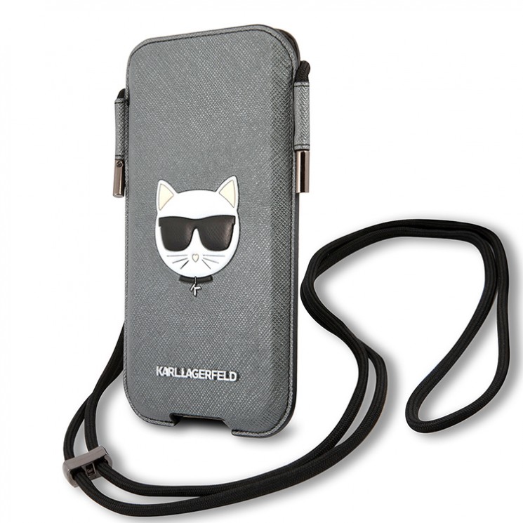 Lagerfeld для смартфонов Pouch PU Saffiano Choupette Silver (M-size) KLHCP12MOPHCHG