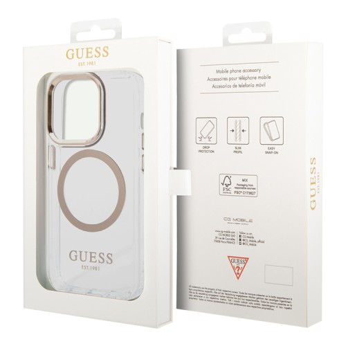 Чехол Guess Metal outline Hard для iPhone 14 Pro, прозрачный/золотой (MagSafe)