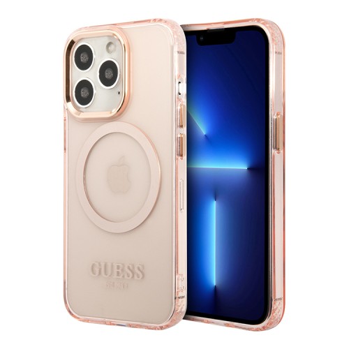 Чехол Guess Metal outline Hard для iPhone 13 Pro Max, розовый/золотой (MagSafe)