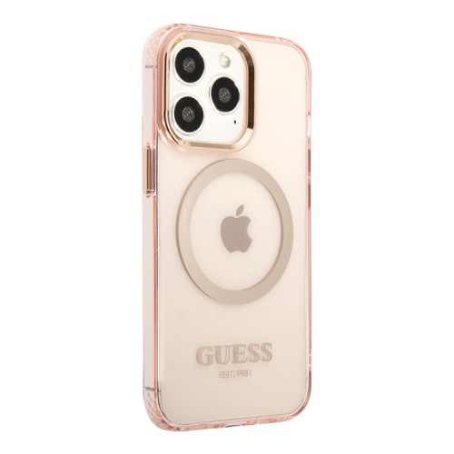 Чехол Guess Metal outline Hard для iPhone 13 Pro Max, розовый/золотой (MagSafe)
