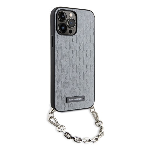 Чехол Lagerfeld PU Saffiano Monogram + Wrist chain Hard для iPhone 14 Pro Max, серебристый