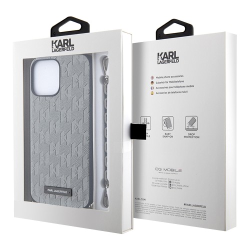 Чехол Lagerfeld PU Saffiano Monogram + Wrist chain Hard для iPhone 14 Pro Max, серебристый