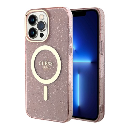 Чехол Guess Glitter Metal outline Hard для iPhone 13 Pro, розовый/золотой (MagSafe)