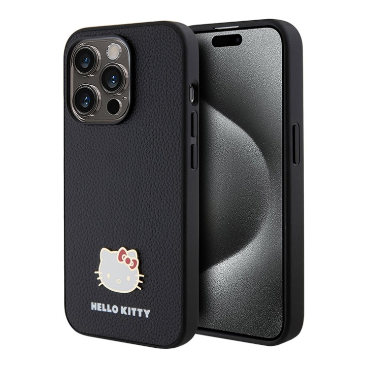Hello Kitty для iPhone 15 Pro чехол PU Grained leather Metal Kitty Head Hard Black