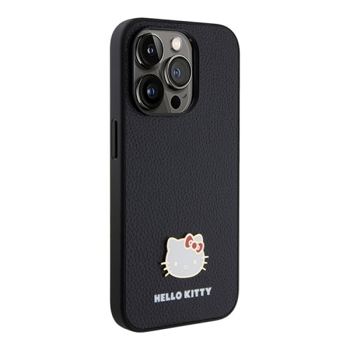 Hello Kitty для iPhone 15 Pro чехол PU Grained leather Metal Kitty Head Hard Black