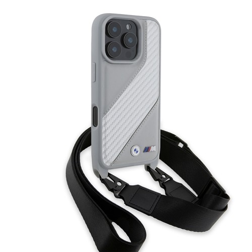 BMW для iPhone 16 Pro Max чехол Crossbody PU Carbon stripe Metal logo + Strap Hard Grey