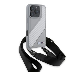 BMW для iPhone 16 Pro Max чехол Crossbody PU Carbon stripe Metal logo + Strap Hard Grey