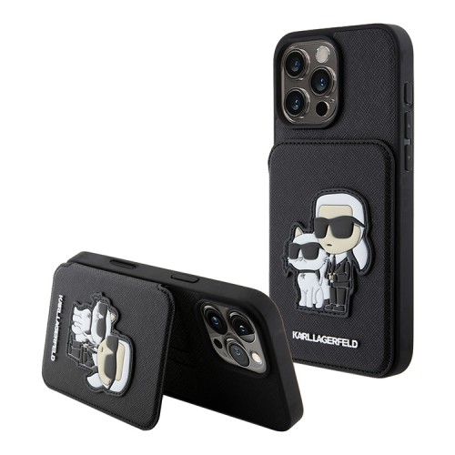 Karl Lagerfeld для iPhone 16 Pro Max чехол Cardslot Stand PU Saffiano NFT Karl & Choupette Hard Black