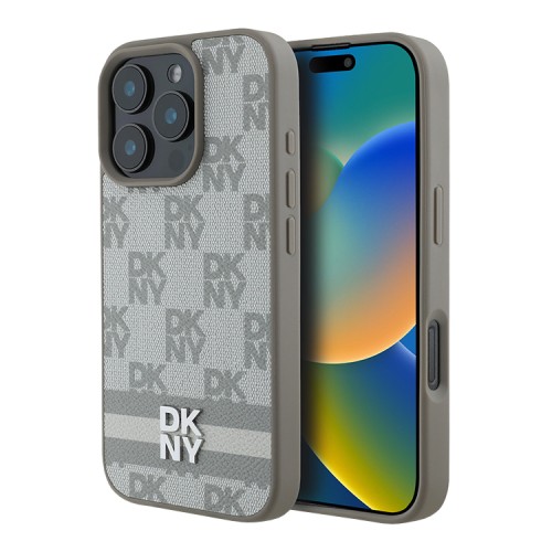 DKNY для iPhone 16 Pro чехол PU Checkered Printed stripes Metal logo Hard Beige