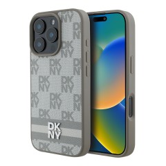 DKNY для iPhone 16 Pro чехол PU Checkered Printed stripes Metal logo Hard Beige