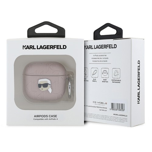 Karl Lagerfeld для Airpods 4 чехол PU Saffiano Monogram with ring NFT Metal Head Karl Pink