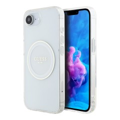 Guess для iPhone 16e чехол PC/TPU Middle Colored Ring Transparent/White (MagSafe)