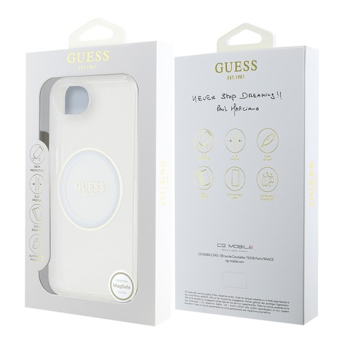 Guess для iPhone 16e чехол PC/TPU Middle Colored Ring Transparent/White (MagSafe)