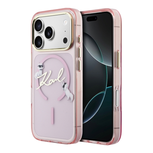Karl Lagerfeld для iPhone 17 Pro чехол IML NFT Choupettes Script logo Metal Cam прозрачный/розовый (MagSafe)