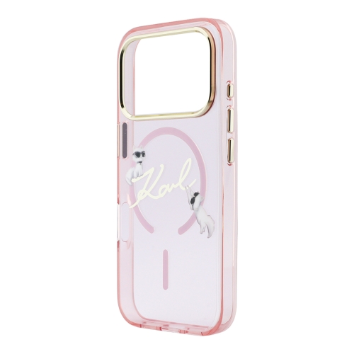 Karl Lagerfeld для iPhone 17 Pro чехол IML NFT Choupettes Script logo Metal Cam прозрачный/розовый (MagSafe)