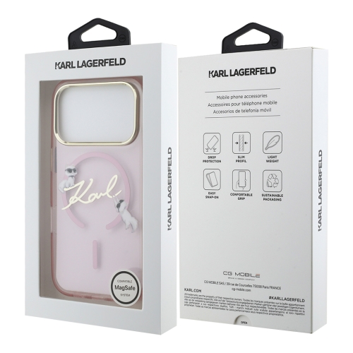 Karl Lagerfeld для iPhone 17 Pro чехол IML NFT Choupettes Script logo Metal Cam прозрачный/розовый (MagSafe)