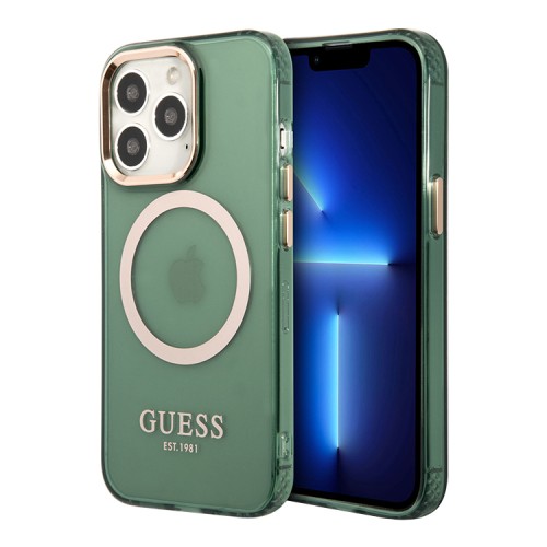 Чехол Guess Metal outline Hard Translucent для iPhone 13 Pro Max, зеленый/золотой (MagSafe)