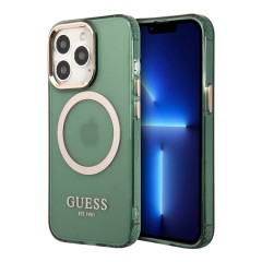 Чехол Guess Metal outline Hard Translucent для iPhone 13 Pro Max, зеленый/золотой (MagSafe)
