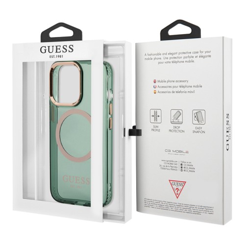 Чехол Guess Metal outline Hard Translucent для iPhone 13 Pro Max, зеленый/золотой (MagSafe)