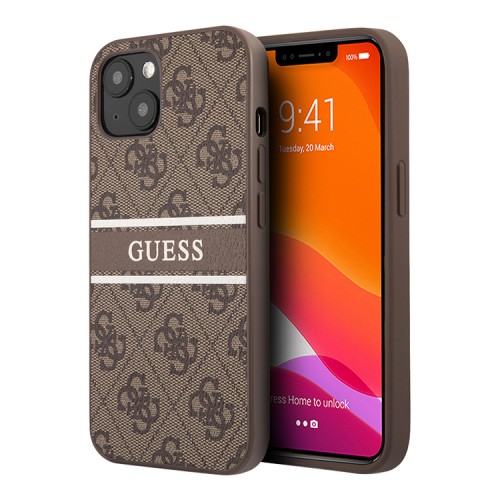 Чехол Guess 4G Stripe printed logo Hard для iPhone 14, коричневый