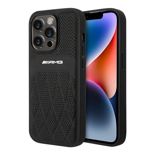 Кожаный чехол AMG Leather Curved lines Hard для iPhone 14 Pro, черный (MagSafe)