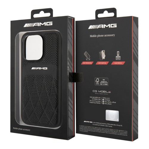 Кожаный чехол AMG Leather Curved lines Hard для iPhone 14 Pro, черный (MagSafe)